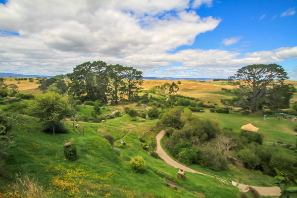 Visual para o condado em Hobbiton na Nova Zelândia