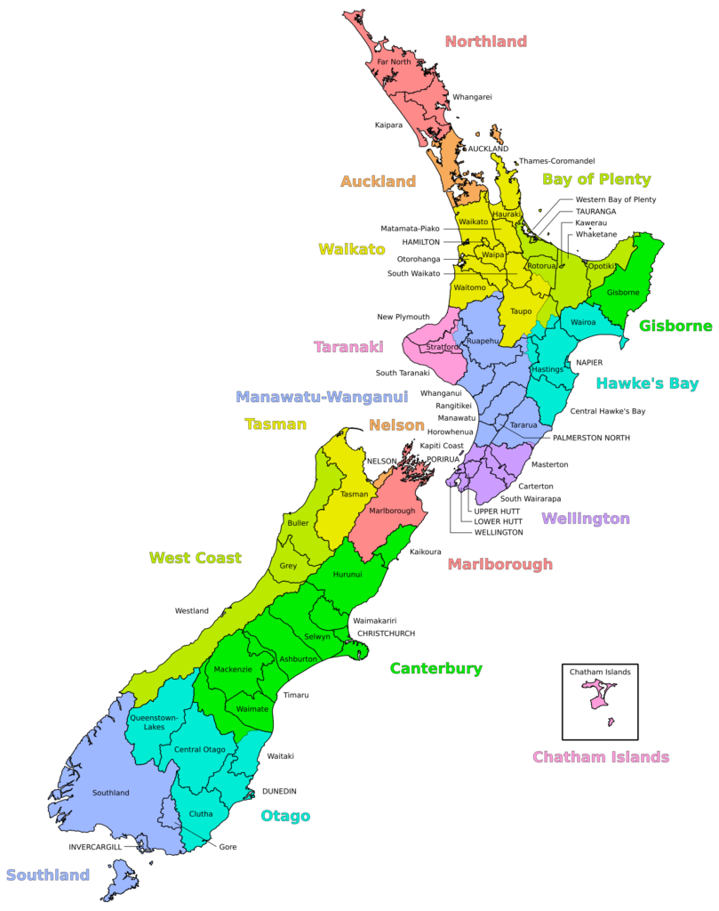 Mapa das regiões da Nova Zelândia